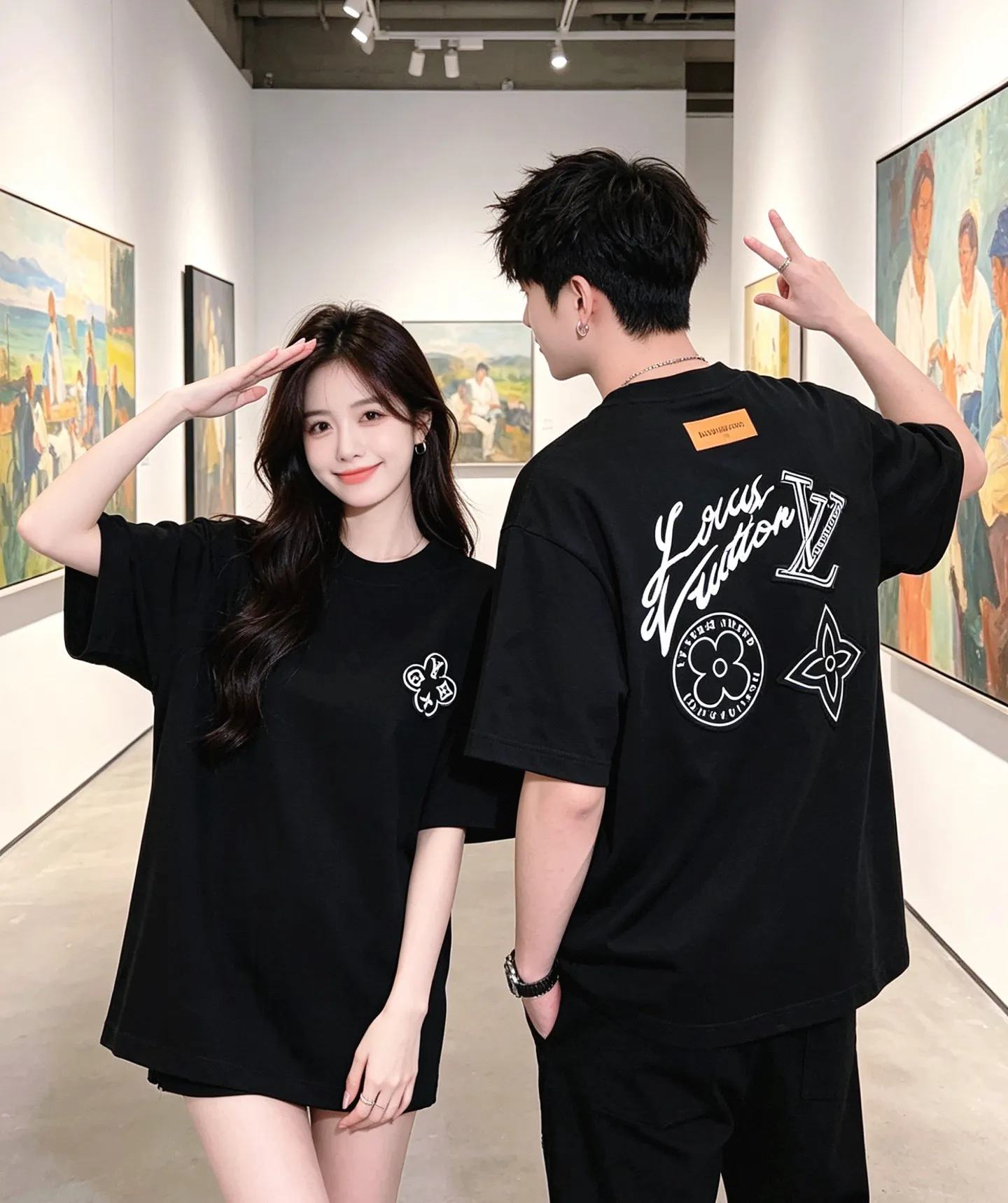 Louis Vuitton/Louis Vuitton three-flower large patch embroidered round neck short sleeves on the back